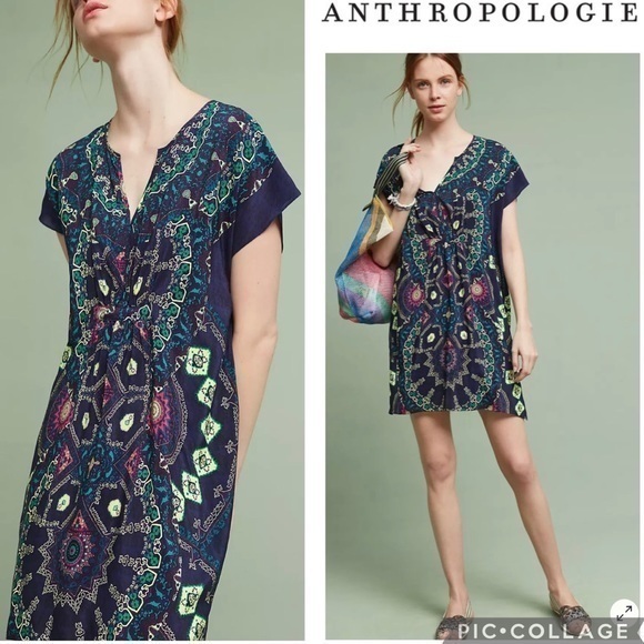 Nwot Anthropologie Maeve 100% Silk Blue Medallion Paisley Mini Tunic Dress